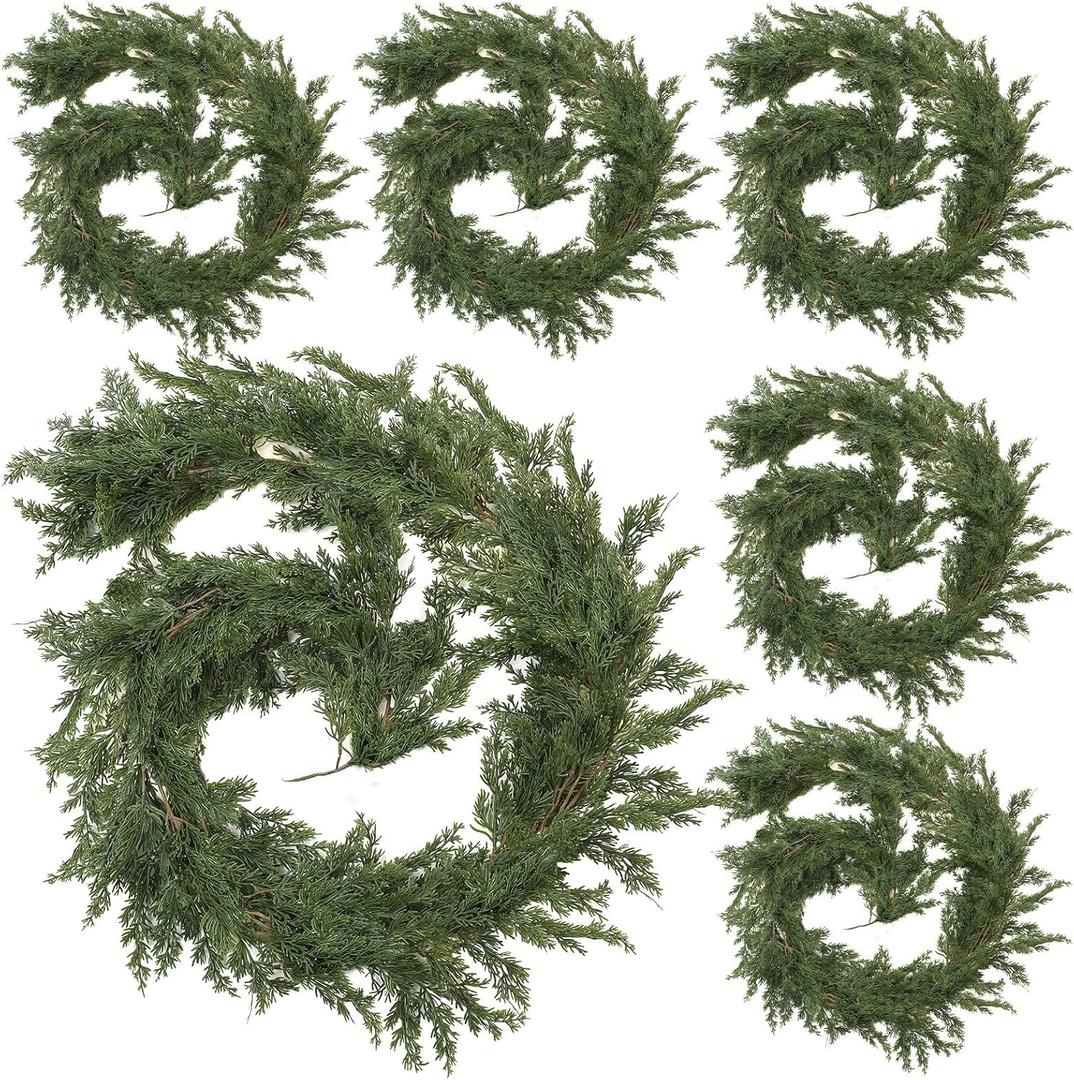 Crowye 6 Pcs 6ft Christmas Cedar Garland Artificial Pine Christmas Garland Realistic Winter Greenery Garland Green Pine Cypress Vines for Holiday Mantel Fireplace Table Centerpiece Xmas Decor