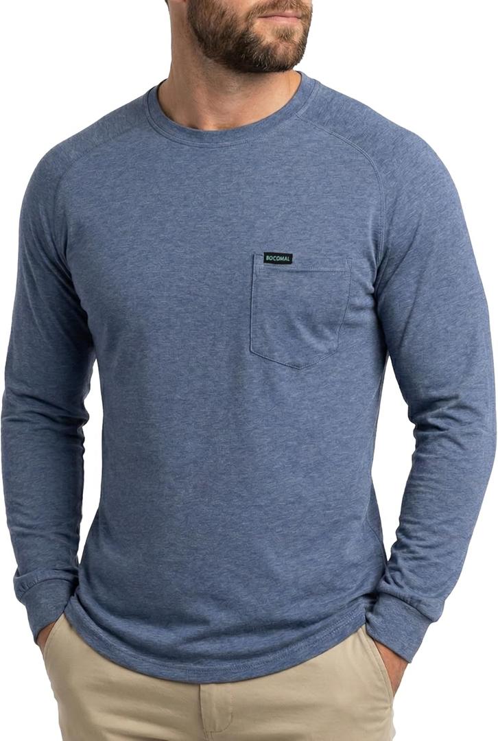 BOCOMAL Men's Work T-Shirts Crewneck Tees – 5.5oz Lightweight Relaxed Fit,Stretch-Cotton,EX-Soft,Utility Pockets Workwear, XL