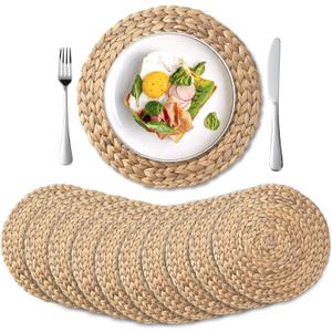 10 Pack, Round Woven Placemats, Natural Water Hyacinth Place mats, Braided Straw Table Mats for Dining Table, Christmas Placemats (13.8 inch)