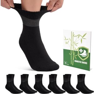 Bamboo Viscose Diabetic Socks for Women, 6 Pairs Non Binding Wide Top, Seamless Loose Cushion Socks for Swollen Feet (Large, Black)