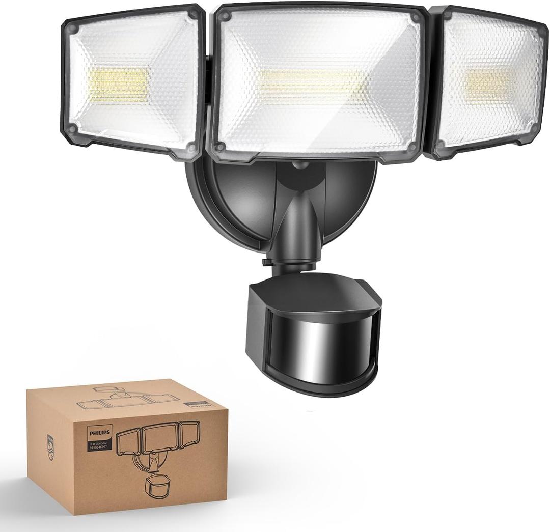 Philips 72W 7400LM LED Security Lights w/PIR Motion Sensor Outdoor, 5000K Daylight Dusk to Dawn Aluminum Flood Light, 3 Adjustable Heads, Waterproof for Garage, Yard, Porch (Black)