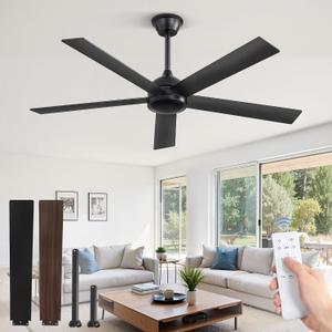 Fanbulous 52 Inch Ceiling Fans No Light with Remote, Black Indoor/Outdoor Ceiling Fan Without Light with Quiet Reversible DC Motor, 6 Speeds, 5 Blades Modern Ceiling Fan for Living Room Bedroom Patio