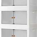 19 Gal Stackable Storage Bins with Lids 3 Pack, Collapsible Storage Bins with Doors Plastic Folding Storage Box with Wheel, Large Foldable Storage Boxes for Dormroom Clothes, Grey