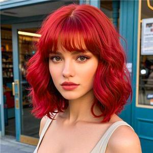 AGO Red Wigs Short Wavy Hair with Bangs Curly Bob Wig Shoulder Length 14Inch Synthetic Hair for Women Girl Colorful Wig Heat Resistant Fiber Hair for Daily Party Halloween Cosplay Use(116A#DarkRed)
