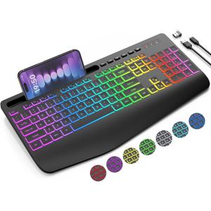 Wireless Keyboard with 8 Colored, 9 Effects Backlits, Wrist Rest, Phone Holder, Rechargeable Ergonomic Computer Keyboard with Silent Keys, 2.4G Lag-Free Cordless Set for PC, Laptop, Windows, MacBook