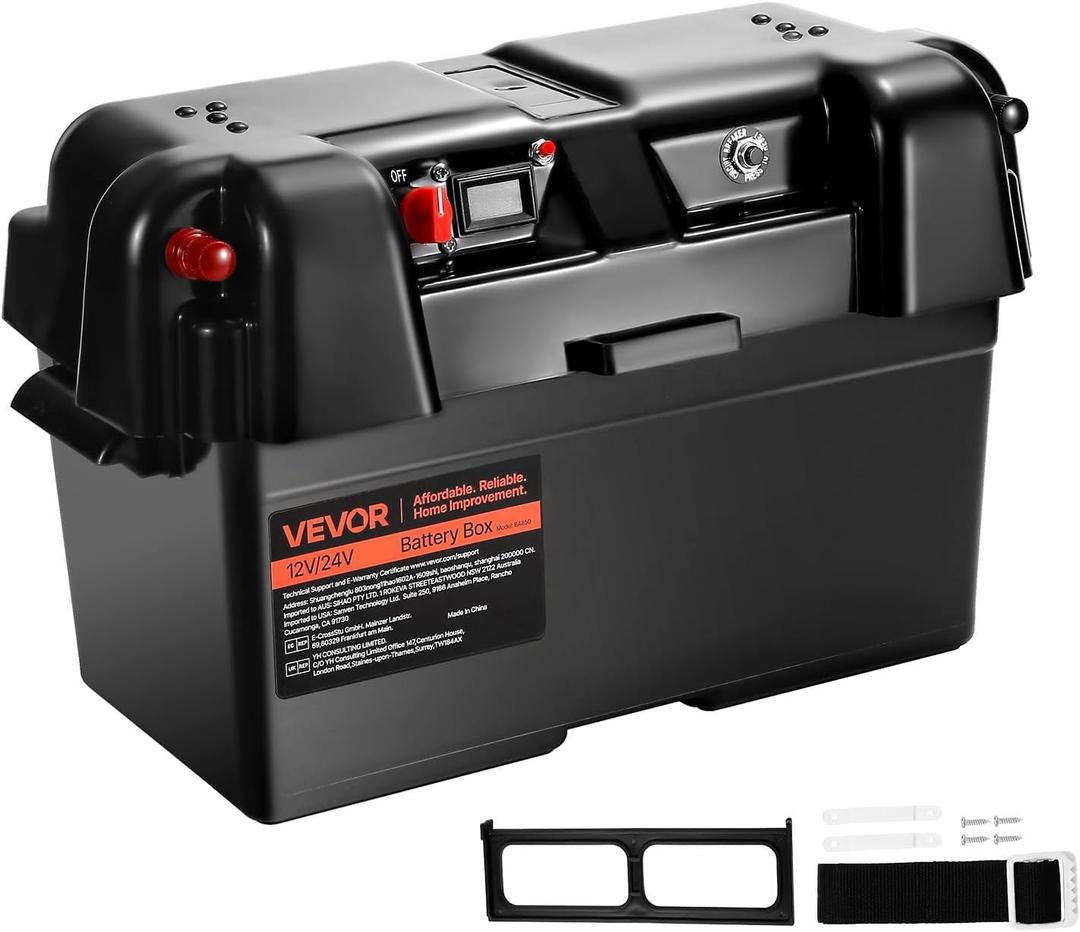 VEVOR Battery Box, Group 24-27 Trolling Motor Battery Box, 12V/24V Marine Batteries Case with PP Shell and Dual Straps, Smart Batteries Case, Suitable for Trolling Motor, Marine,RV & Solar Panel