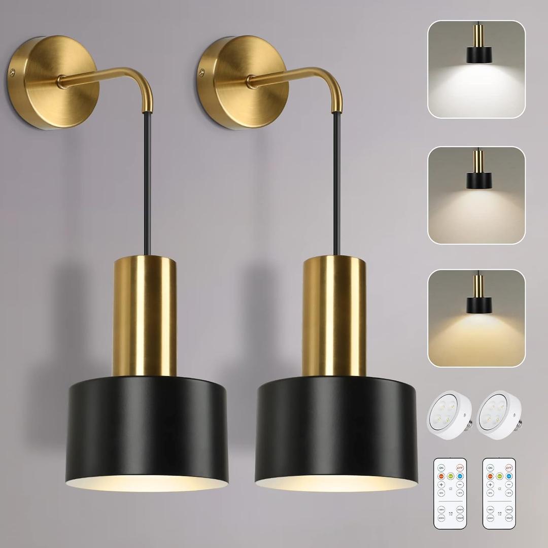 Set of 2 Battery Operated Wall Sconces, Wireless Wall Lights with Remote, Black & Gold Dimmable Wall Lamps with 3000K/4000K/6000K LED Bulbs, Modern Sconces Wall Decor for Bedroom Living Room Hallway