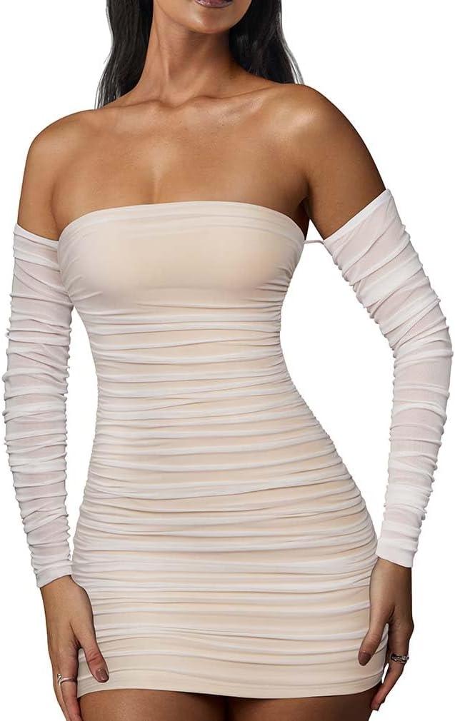 XXTAXN Women's Fall Long Sleeve Mesh Ruched Party Cocktail Mini Bilayer Bodycon Dress White (White, S)