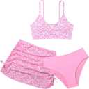 QJQ Girl's 3 Piece Floral Swimsuit Cute V Neck Bikini Set High Waisted Bathing Suit Sheer Mesh Cover Up Skirt (Pink), 16 Years