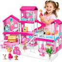 Toylink Pink Doll House for Girls, 3-Story Villa Playset with Light, 3 Dolls, Pool & Slide, Dollhouse Furniture and Accessories, Pretend Play Toddler Toys Birthday Gifts for Kids 3 4 5 6 7 8