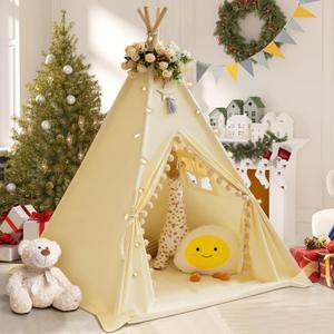 Teepee Tent for Kids with Padded Mat Cotton Canvas Kids Teepee with Pompom for Toddlers Indoor Play Tent for Girls Boys with Stars Lights, Carry Bag, Banner Flag (Cream)