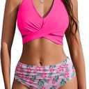 AI'MAGE Womens High Waisted Bikini Sets Tummy Control Bathing Suits Halter Two Piece Swimsuit Modest Bikini 2025 (Medium, Pink Floral)