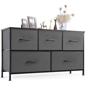 Sweetcrispy Dresser for Bedroom with 5 Storage Drawers, Fabric Storage Tower Organizer, Chest of Drawers with Metal Frame Wooden Top for Closet, Living Room, Entryway, Grey (39.4"D x 11.8"W x 20.9"H (5 Drawers))