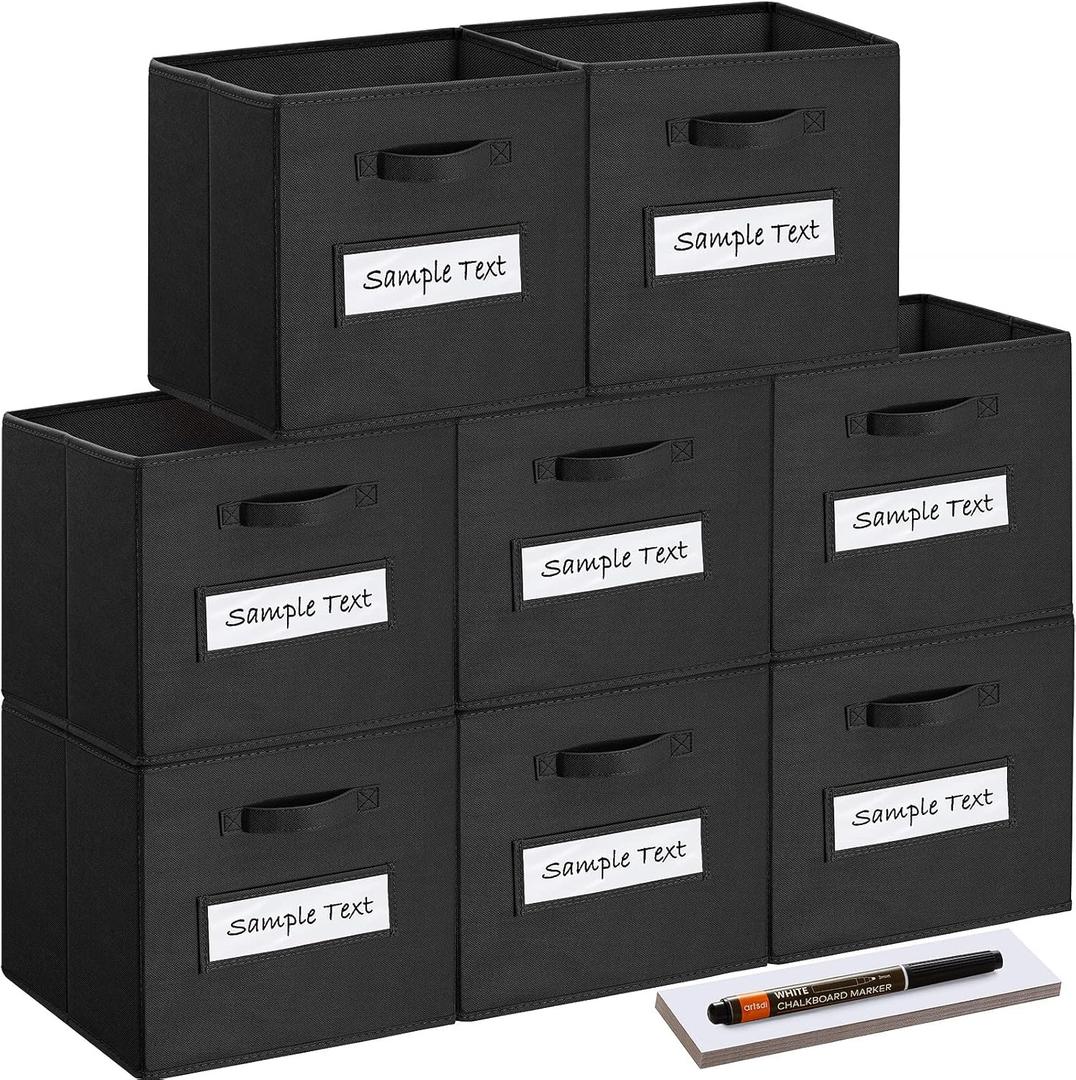 Artsdi 13x13x13 storage cube bins(Set of 8) Fabric storage cubes with 8 Labels Window Cards & a Pen,storage cubes 13x13,storage bin,Collapsible 13 inch cube storage bins,Cubby Organizer Boxes,Black