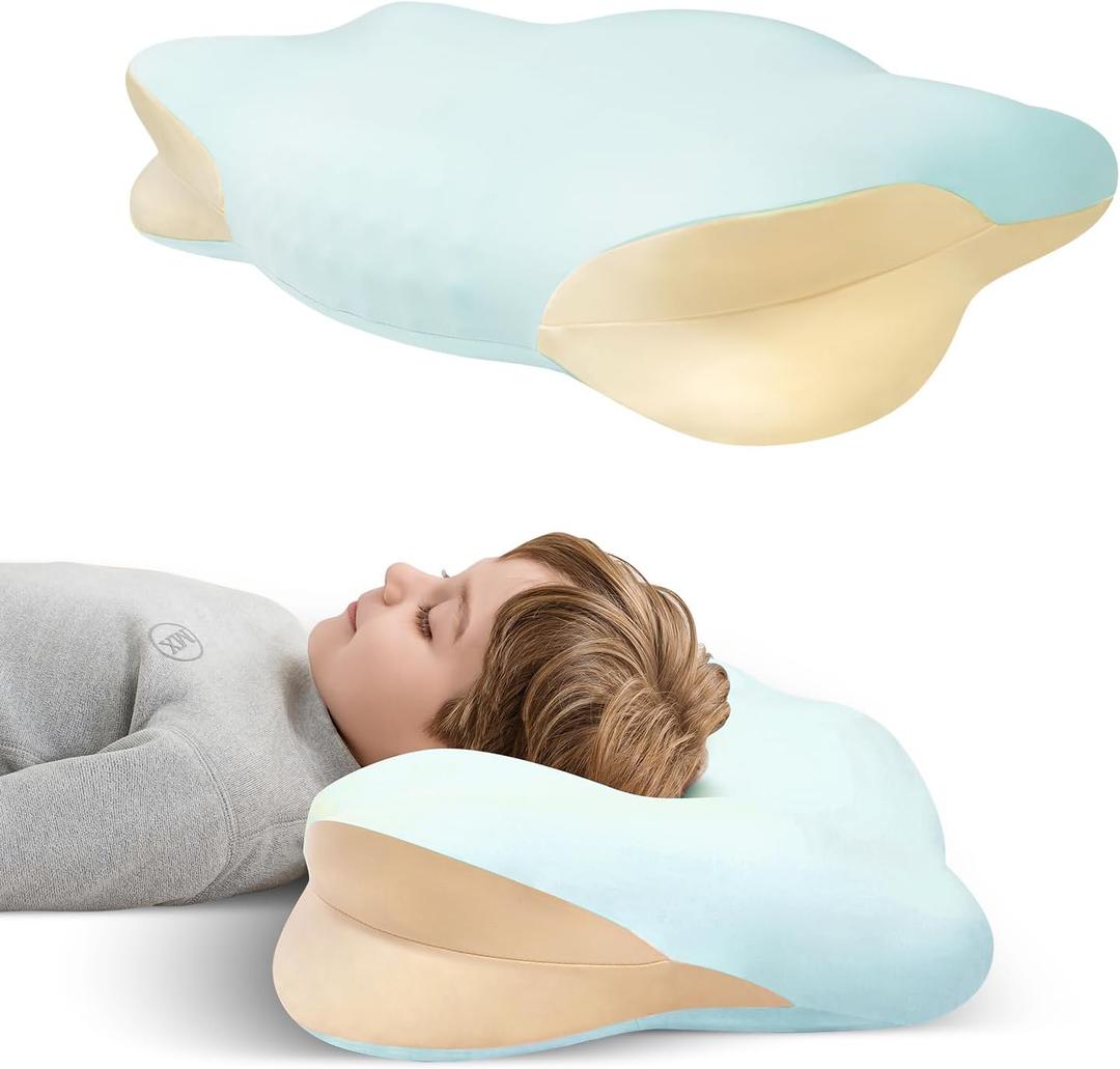 Memory Foam Toddler Pillow, Breathable Cooling Removable Pillowcase, Kids Pillow for Sleeping, Ergonomic Contour Neck Pillow for Back & Side & Stomach Sleeping 12x22 in (Blue)