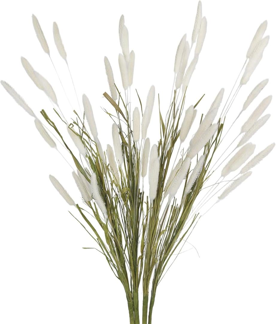 4 Pcs Bunny Tails Artificial Flowers Spring Summer Plants Boho Pampas Grass 32" Floral Stems with Green Artificial Wheat Grass White Dried Flowers Arrangements for Fall Vase Home Decor Wedding