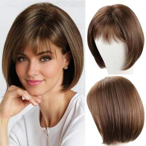 RENERSHOW Short Brown Bob Wigs for Women Brown Mixed Blonde Synthetic Wig with Bangs 10inch Average Size Natural Looking Daily Party Wig