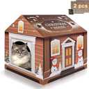 Christmas Cardboard Cat House Playhouse with 2 Scratching Pads & Catnip - Indoor Cat Scratcher Hideaway for Kittens & Cats (14"x14"x13")