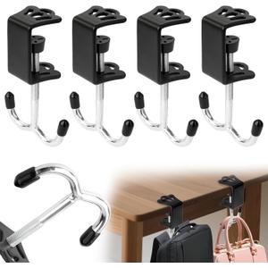 4 Pack Purse Hook for Table and Desk, Heavy Duty Stainless Steel Bag Hanger for Office, Non-Slip Screw Clamp Hook for Backpack, Handbags, Headphone, Space-Saving Accessories, Black