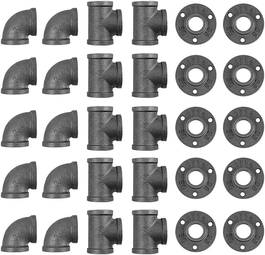 30 Pack 3/4 Inch Cast Iron Pipe Fittings (10 Elbows, 10 Tees, 10 Flange), DIY Steampunk Industrial Vintage Style.