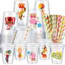 FoldTier 60 Set Circus Carnival Party Plastic Cups Bulk 14 oz Disposable Clear Cups with Lids and Paper Straws for Circus Carnival Theme Party Birthday Supplies Favor Decorations (Multicolor)