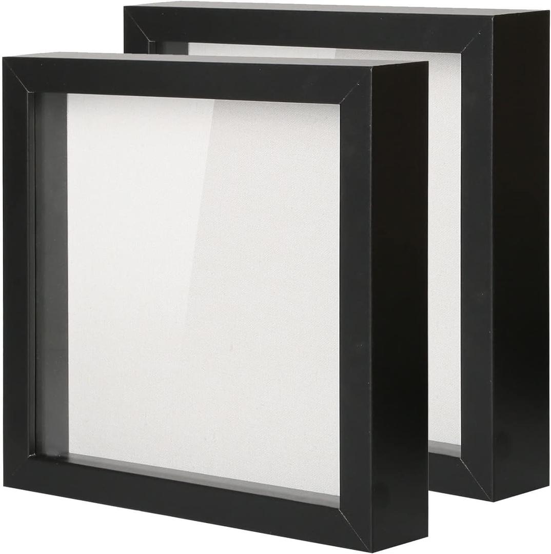 8.9x8.9 Shadow Box Picture Frame with Linen Board - Deep Wood & Glass Display Case Ready to Hang Memory Box Baby Sports Memorabilia, Pins, Awards, Medals, Wedding, Tickets and Photos (Black)