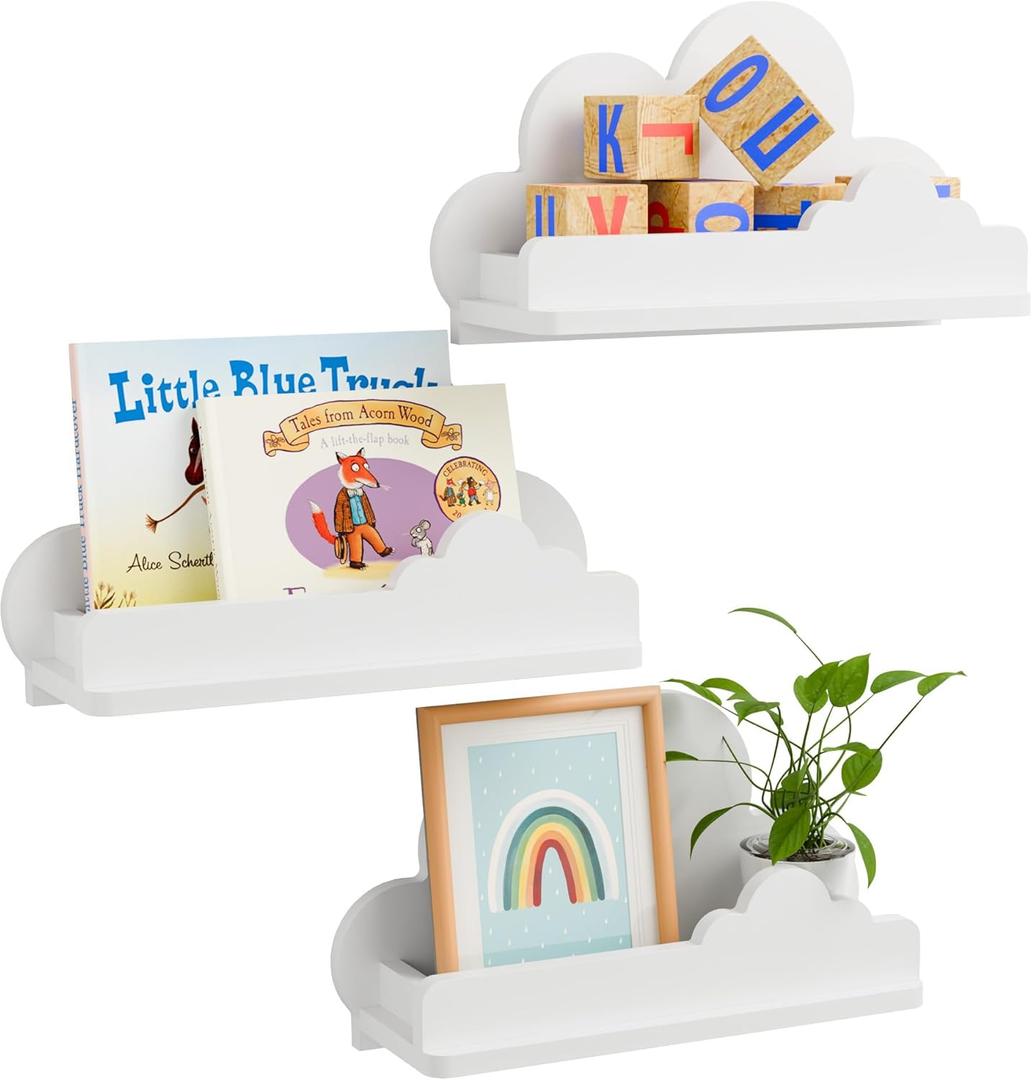 Cloud Shelves for Kids Room Nursery Wall Deor Set of 3, White Cloud Bookshelf Floating Shelf, Small Figure Shelf Wall Mounted, Cute Decorative Cloud Floating Shelf for Toys, Plants & Storage