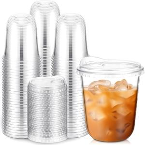 Baderke 100 Pcs Clear Plastic Cups with Strawless Sip Lids Disposable Togo Cups Round Bottom Cups with Lids for Coffee Smoothie Cold Beverage Coffee Shops and Party Catering (12 oz)