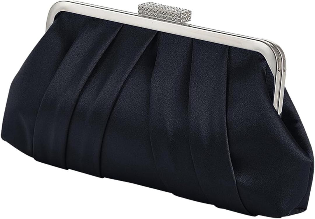 Women Elegant Pleated Clutch Bag Ruched Purse with Metal Chain, Dressy Crossbody Shoulder Bag for Weddings, Galas (Black)