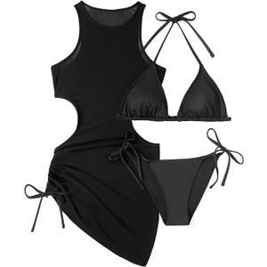 3 Piece Swimsuits Women Bikini Sets with Cover Up Halter Bathing Suit Set Sexy Cutout Coverup (Medium, Black)