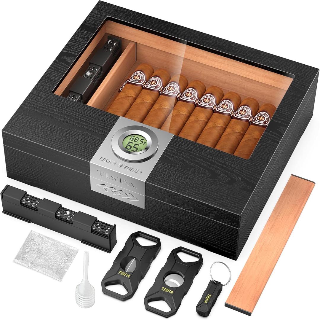 TISFA Cigar Humidor Box Cigar Accessories Set, Includes V Cutter, Straight Cutter, Hole Punch, Digital Hygrometer, Adjustable Humidifier, Divider, Cedar Wood Desktop Humidor Airtight Cigar Case (Black)