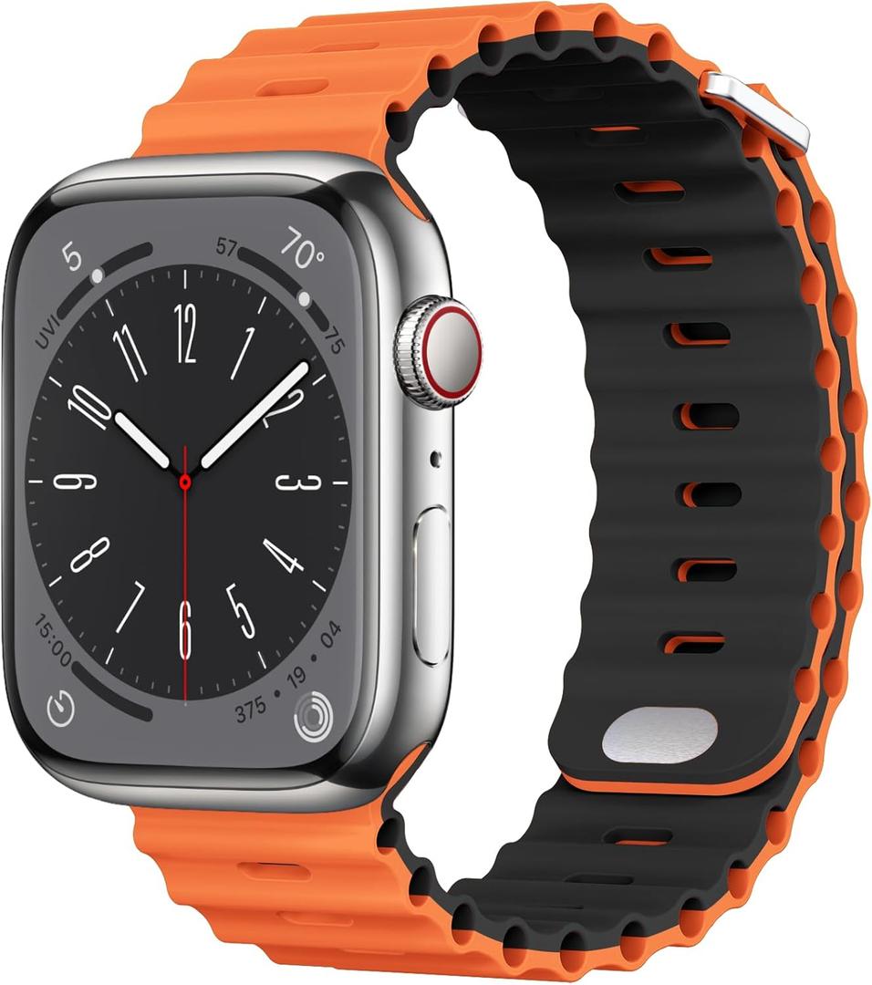 Compatible with Apple Watch Ocean Bands 38mm 40mm 41mm 42mm 44mm 45mm 46mm 49mm Soft Silicone Wristbands Replacement Strap for iWatch Ultra 2 Ultra SE Series 10 9 8 7 6 5 4 3 2 1 Women Men (Orange/Black)