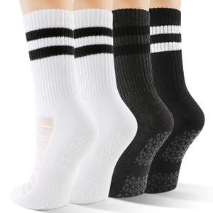 CS CELERSPORT Pilates Socks for Women, 4 Pairs Yoga Crew Non Slip Grip Socks for Barre Hospital Gym, Black+White+Grey, Small (S)