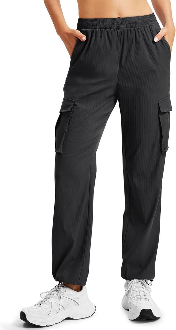 MAGCOMSEN Women's Cargo Pants Quick Dry Lightweight Hiking Travel Pants Water Resistant Safari Joggers with Pockets (Black, S)
