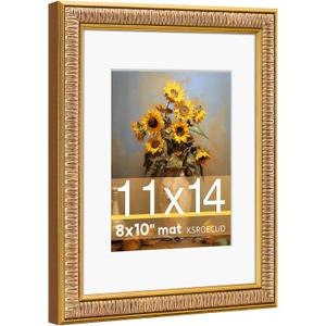 11x14 Picture Frame for 8x10 Photo with White Mat, HD Real Glass 11x14 Vintage Photo Frame, 11 by 14 Poster Frame with Gold Border Horizontal & Vertical Display for Tabletop or Wall Decor (1 Pack)