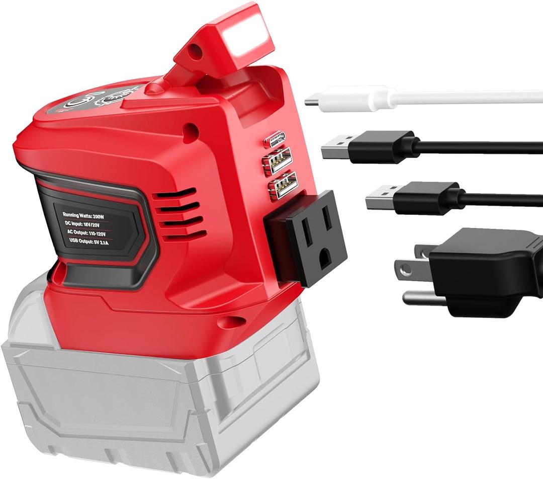 Power Inverter for Milwaukee 18V Battery,Ecarke 200W Portable Power Supply Inverter,DC 18V to AC 110V~120V Battery Station with 2 USB&AC Powered Outlet for m18 Inverter