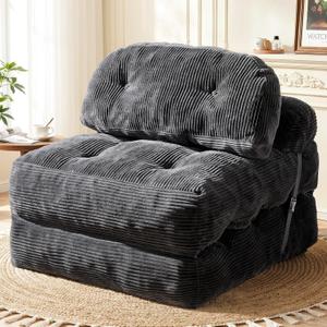 Folding Sofa Bed, Convertible Sleeper Chair with Back Support and Pillow Futon,Boneless Foldable Couch for Living Room/Guest Use/Home Office, Foldable Chair Bed for Adults, Dark Gray, Single