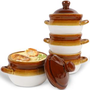Set of 4 French Onion Soup Bowls, 16 Oz Soup Crocks with Handles and Lids, Ceramic Oven Safe Bowls, Brown and White Porcelain Soup Bowl for Stew, Chili, Cereal