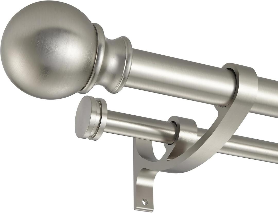 Double Curtain Rods with Aluminum Bouquet Brackets and Round Finials,Brushed Nickel Curtain Rods for Windows 72 to 144 inch,1-Inches Front and 5/8 Inches Back Double Window Drapery Rod