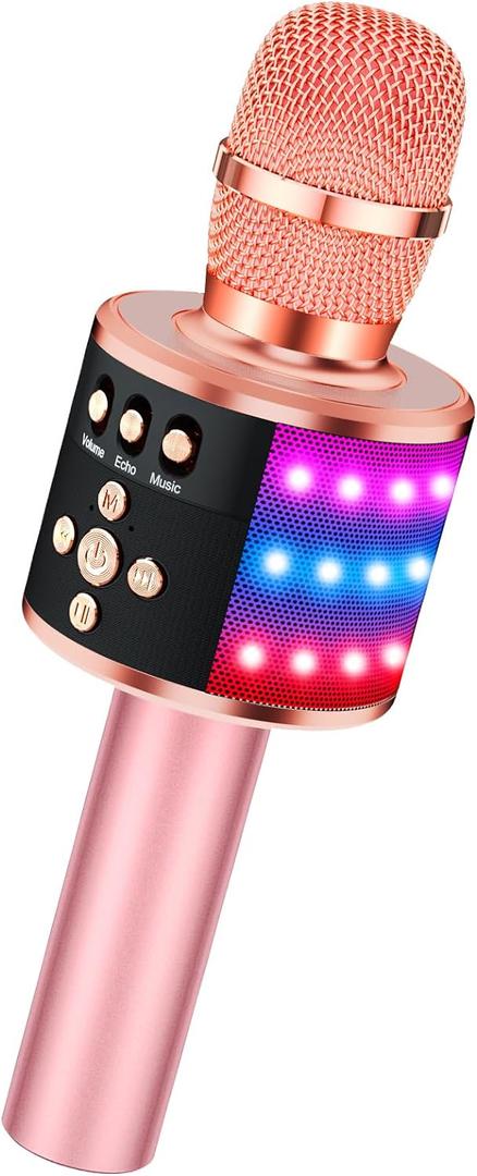 BONAOK Bluetooth Wireless Karaoke Microphone with LED Lights,4-in-1 Portable Handheld Mic with Speaker Karaoke Player for Singing Home Party Toys Birthday Gift for Kids Adults Girls Q78 (Rose Gold)