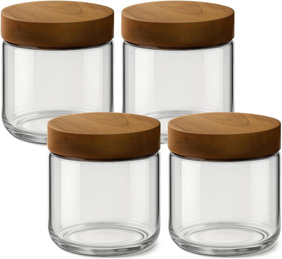 10oz 4 Pack Overnight Oats Containers with Lids, Small Glass Mason Jars with Acacia Wood Airtight Lids, Wide Mouth Meal Prep Storage Jars for Oats, Chia Pudding, Salad, Parfait, Snacks, Spice