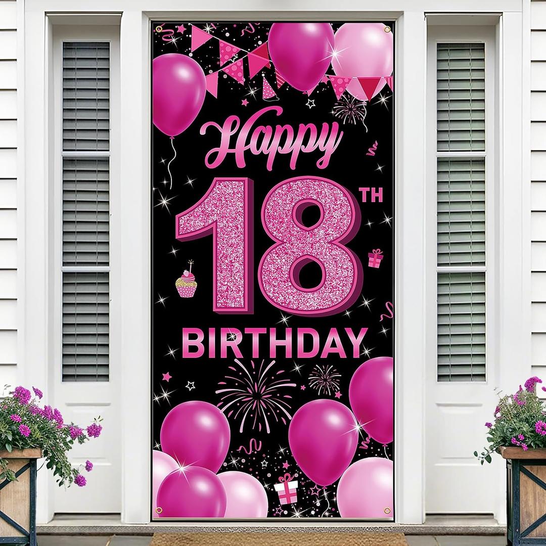 HTTZZI Happy 18th Birthday Decorations for Girls - Fabric 18 Years Old Birthday Backdrop Banner, Yard Sign, Photo Props Background - Hot Pink Birthday Party Decor Supplies for Women
