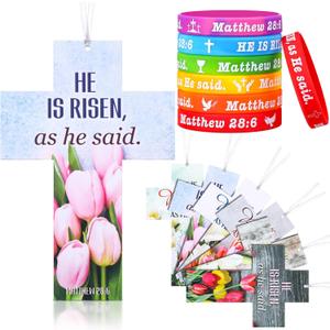 Dispowreath 60 Pcs Easter He is Risen Bookmarks and Bracelets Set Bible Verse Bookmarks Matthew 28:6 Wristbands Easter Christian Gift Religious Cross Lily Bookmark for Church Sunday School