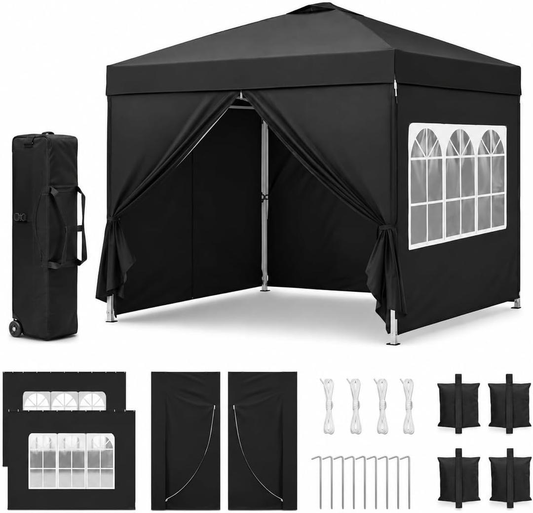Garvee 10x10 Pop Up Canopy Tent with 4 Sidewalls, 1-Button Easy Setup Outdoor Canopy Shelter with Mesh Windows, Zipper Doors, Steel Frame, Wheeled Carry Bag, UV & Water-Resistant, Black