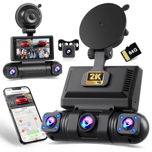 360° Dash Cam, 4 Channel Camera for Car, Front and Rear Inside 2K FHD Dashcam, WiFi and App Control, Free 64GB Card, Night Vision, Loop Recording, G-Sensor, 24/7 Parking Mode