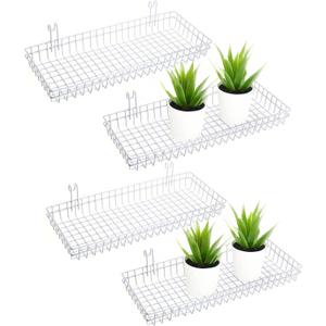 4 Pack 15.75 x 6 x 2.36 Inch Metal Grid Wall Baskets with Hooks, Hanging Wire Grid Basket, Multi-Function Wall Mounted Organizer for Kitchen Organizing Display, White