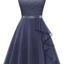 BeryLove Women's Cocktail Dresses Prom Wedding Guest Short Bridesmaid Dresses Ruffle Hem Sleeveless Lace Formal Dress, Medium Size