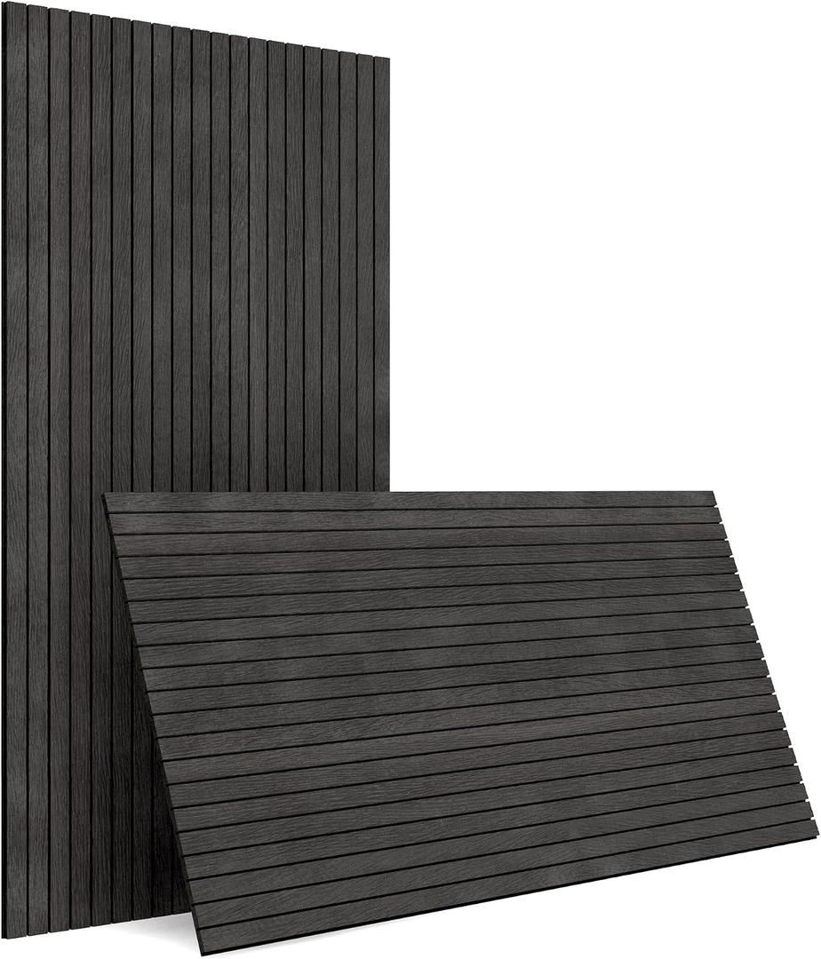 4-Piece Wood Slat Wall Panel for Interior Wall Decor Noise Cancelling 47.2" x 23.6" Peel and Stick Acoustic Decorative 3D Sound Absorbing Wall Paneling, Black Grey, 4pcs - 47.2" x 23.6"