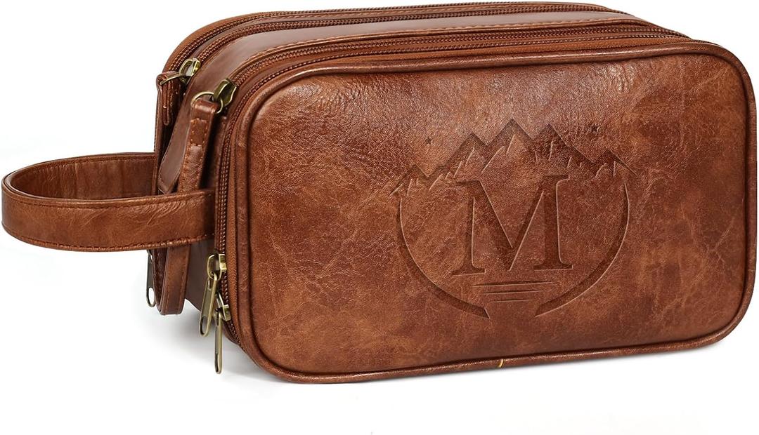 Personalized Toiletry Bag for Men,Engraved Mens Toiletry Travel Bag,Waterproof PU leather Toiletry Shaving Bag for Men Birthday Gift Ideas for Men Dad Husband Him,Anniversary Groomsmen Gifts Brown- M