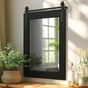 Seekelegant Farmhouse Bathroom Mirror, 30" x 22" Rustic Vanity Mirror, Barn Door Style Wood Framed Wall Mirror, Rectangle Decor Mirror for Living Room, Entryway, Black